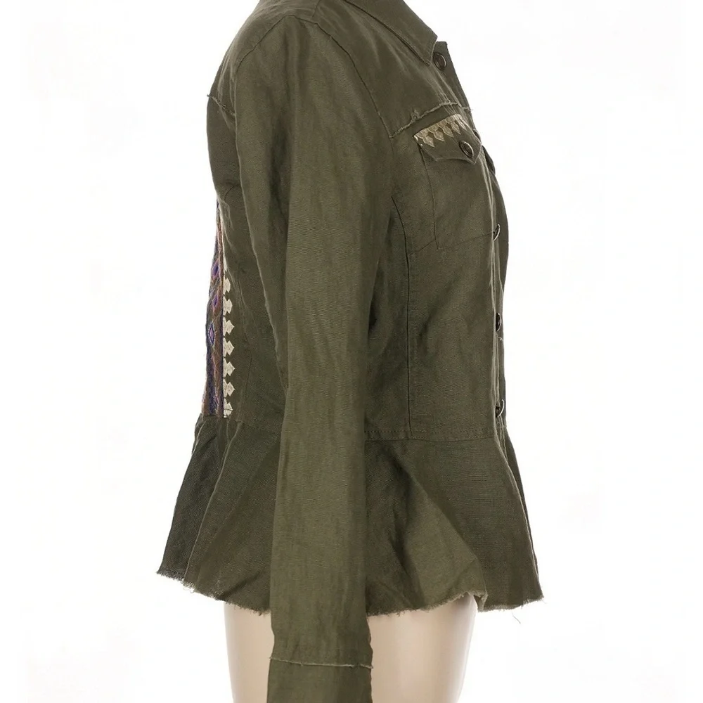 INC Linen Olive Green Women's Jacket - Peplum Waist - Large EUC Safari Style